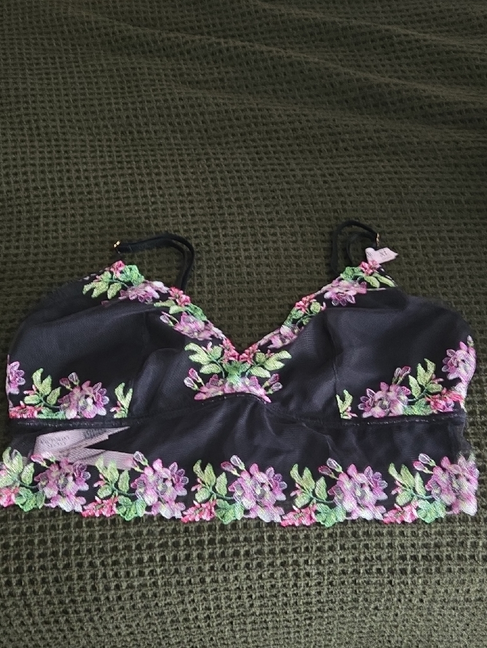 Victoria's Secret Black Bralette with Pink & Green Floral Embroidery